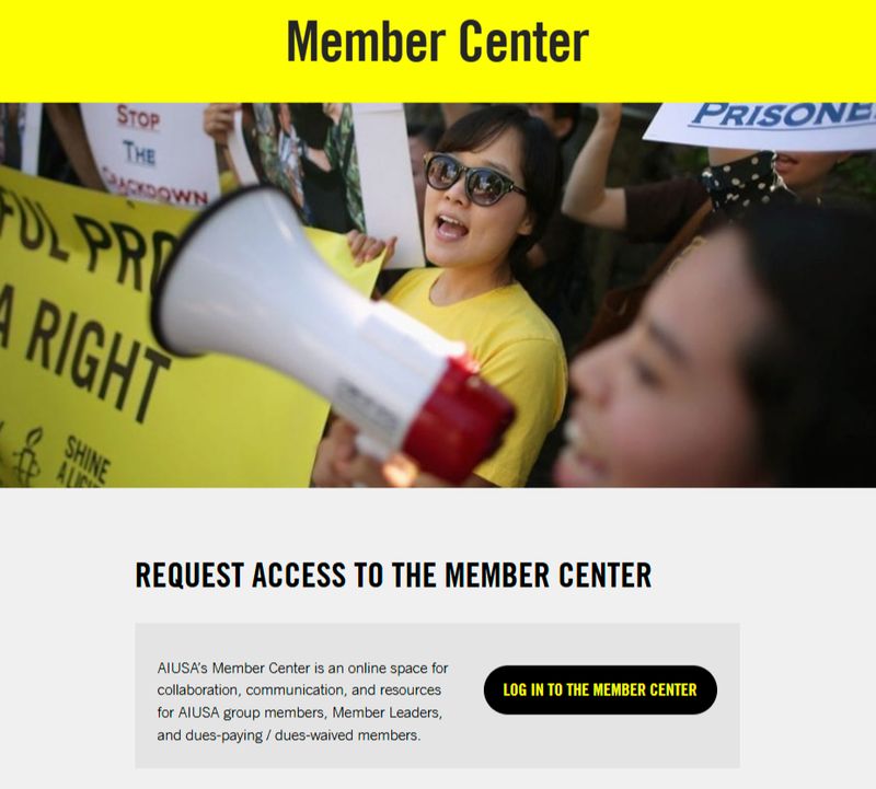 Amnesty International USA's "Member Center" web page where members can log in to the portal