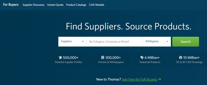 search functionality featured on product sourcing and supplier platform Thomasnet's "For Buyers" website page