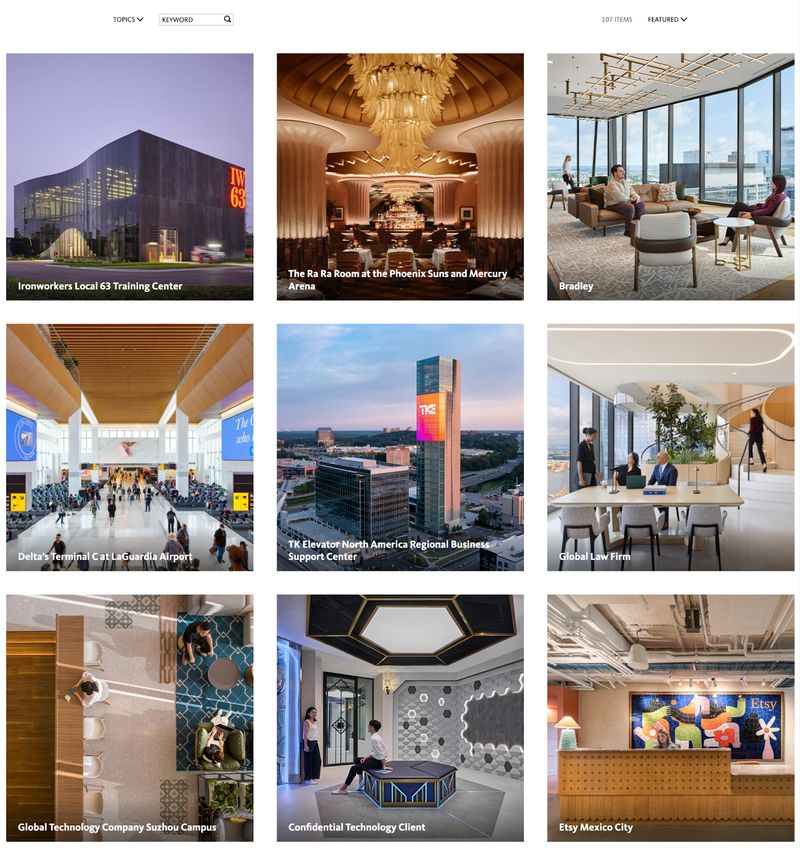 B2B architectural firm Gensler's "Project" gallery page featuring vibrant, authentic photos of past projects