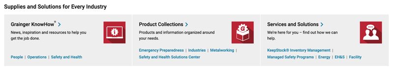 section of B2B company Grainger's homepage titled "Supplies and Solutions for Every Industry"