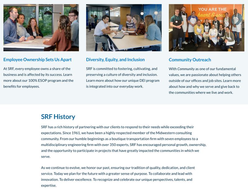 B2B engineering and design consulting firm SRF Consulting's "About" page