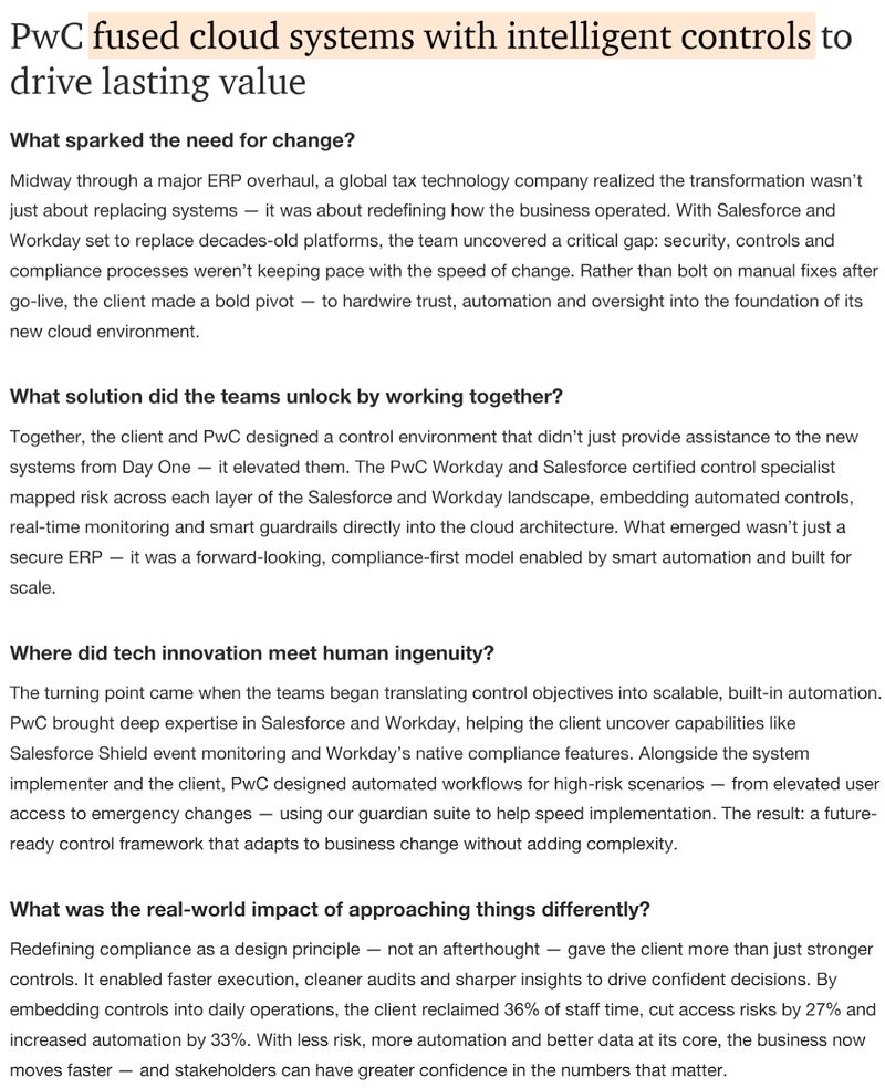 PwC Global's cloud ERP risk automation case study featuring the challenge, solution, innovation, and real-world impact