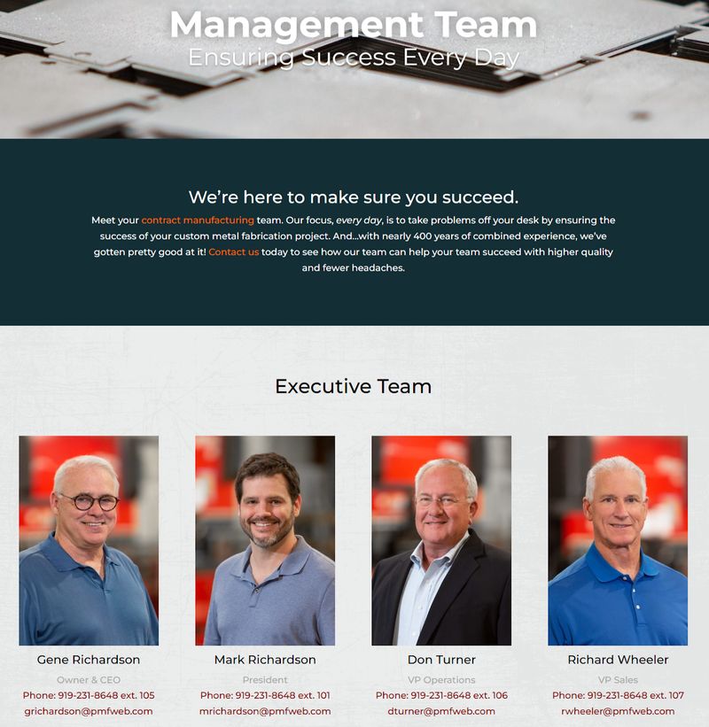"Management Team" page from B2B manufacturer Precision Machine Fabrication featuring team member photos and roles