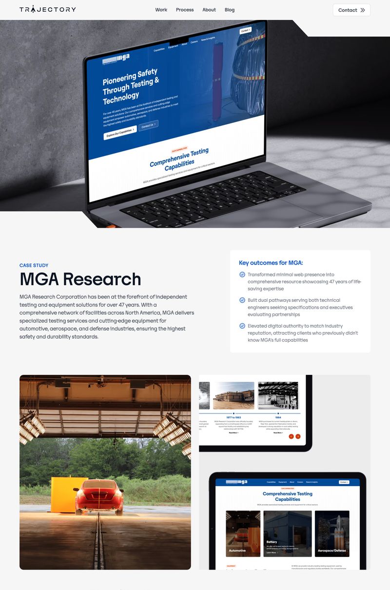 Web design case study page for MGA Research showing the client challenge, key outcomes including transformed web presence and dual user pathways, with project photography and device mockups