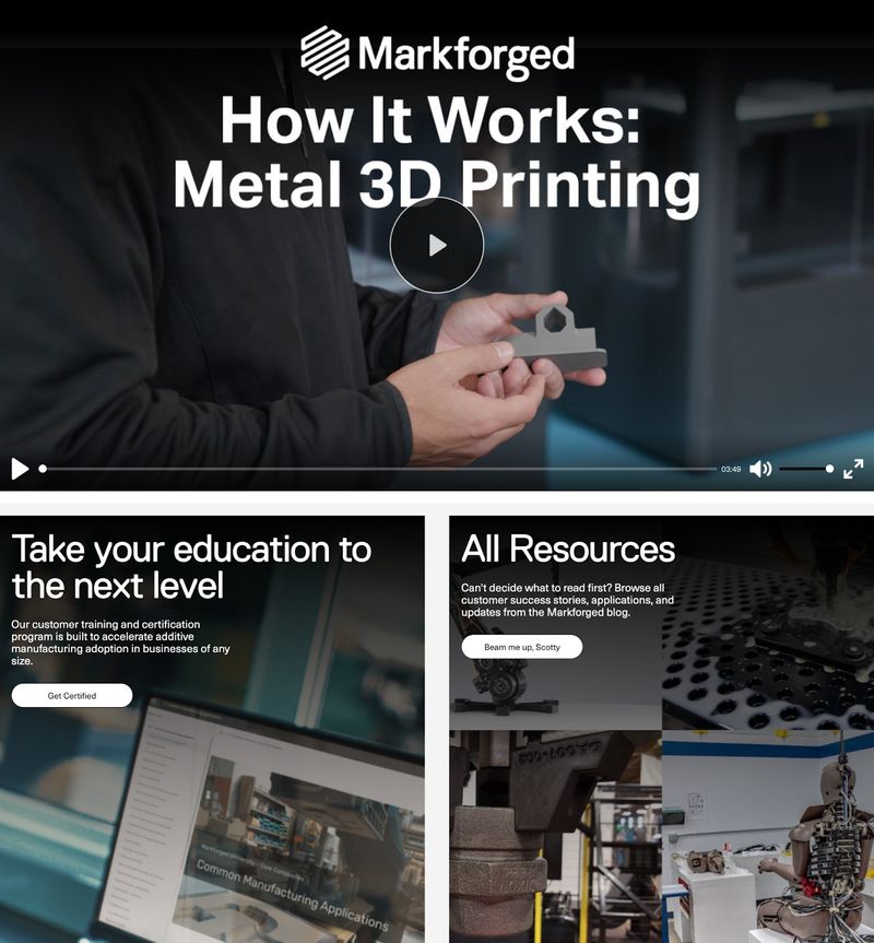 B2B company Markforged's "Resources" page showing a "How It Works" video and additional resources