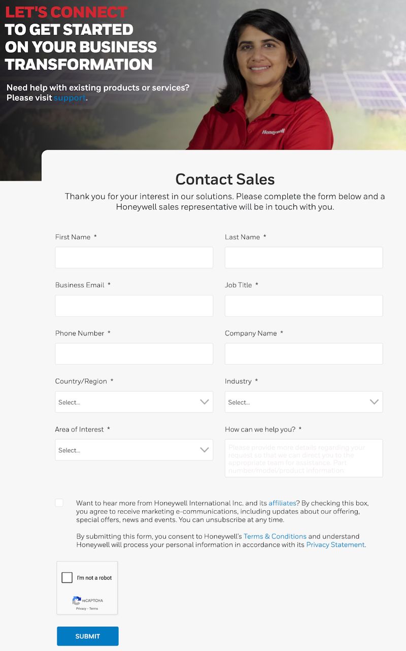 "Contact Sales" form on Honeywell's B2B website