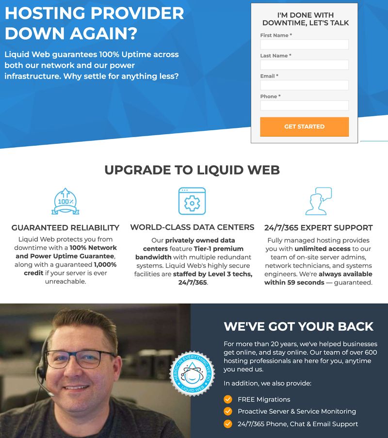 hosting page from hosting provider Liquid Web highlighting features like guaranteed reliability and expert support
