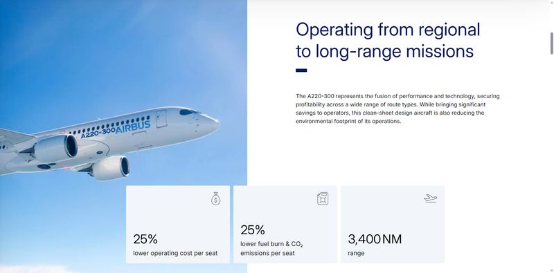 screenshot of Airbus' "A220-300” web page showing operational statistics