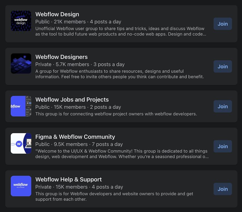Webflow communities on Facebook
