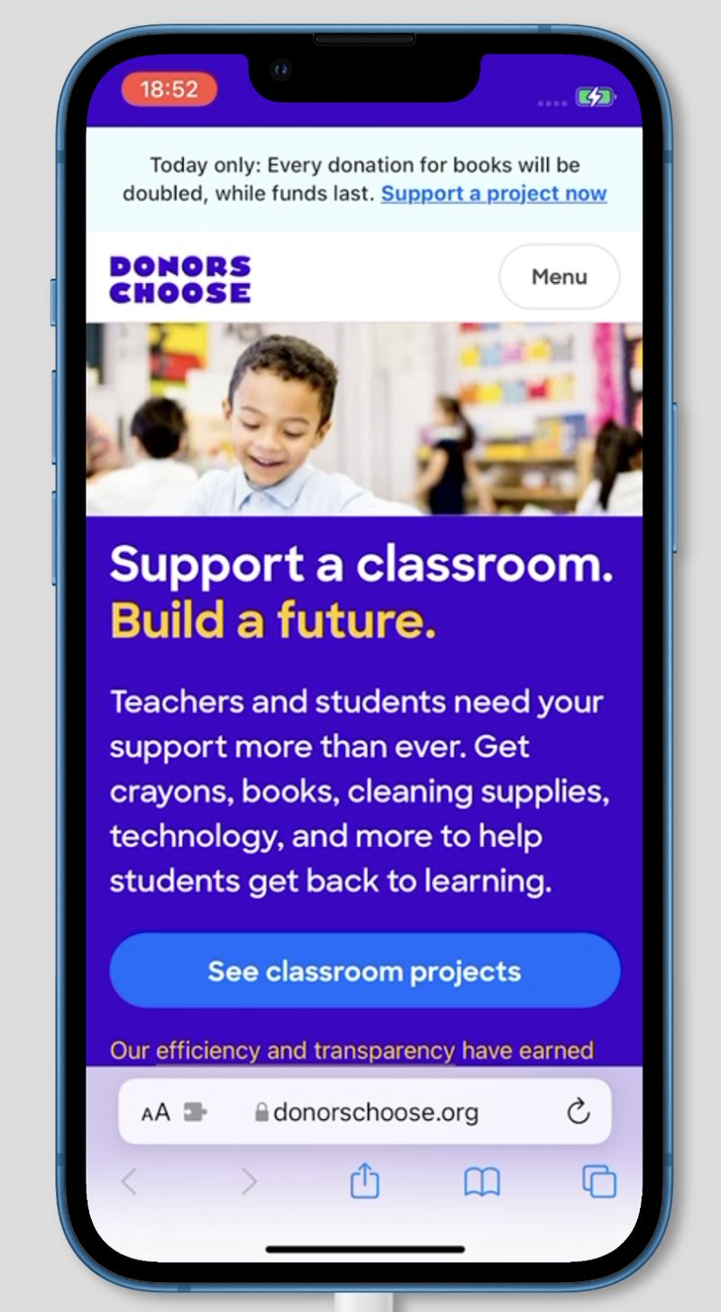 DonorsChoose nonprofit mobile website example.