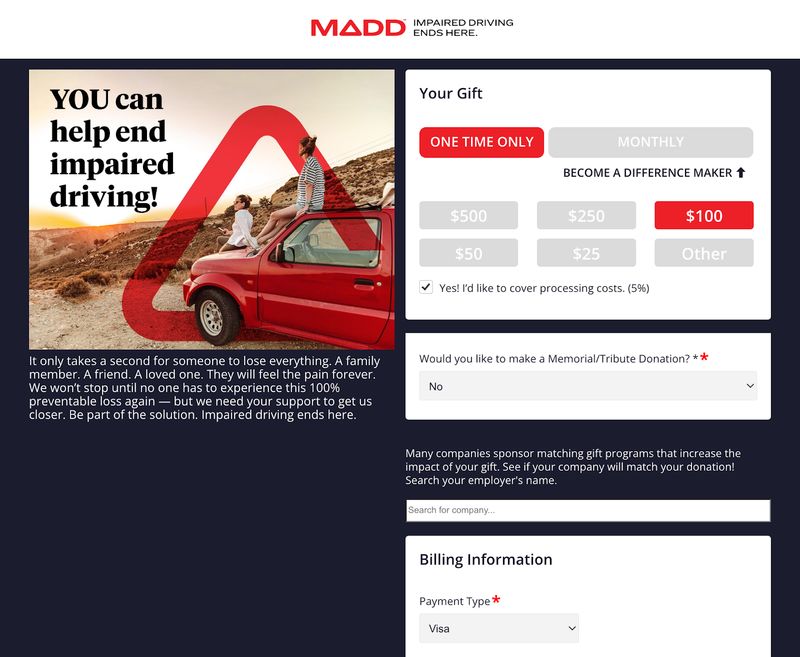 nonprofit website MADD's donation page