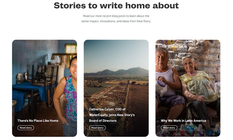 "Stories" section of nonprofit New Story's website home page