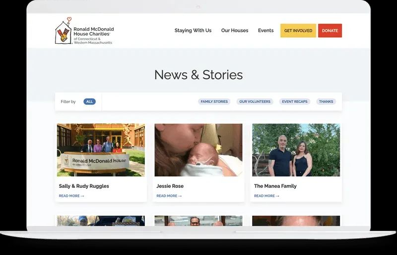 screenshot of the News & Stories page of Ronald McDonald House Charities' redesigned website