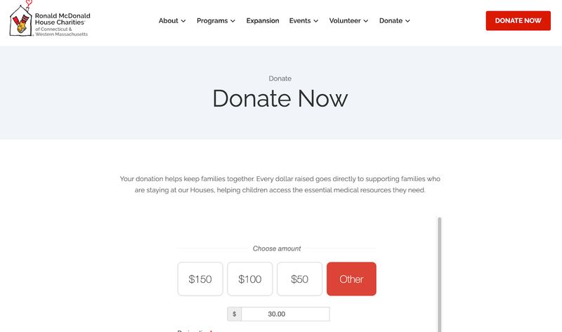 screenshot of the donation page of the Connecticut and Western Massachusetts chapter of the Ronald McDonald House Charities
