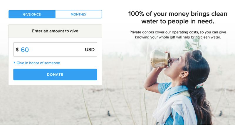 screenshot of Charity: Water's donation form from 2019