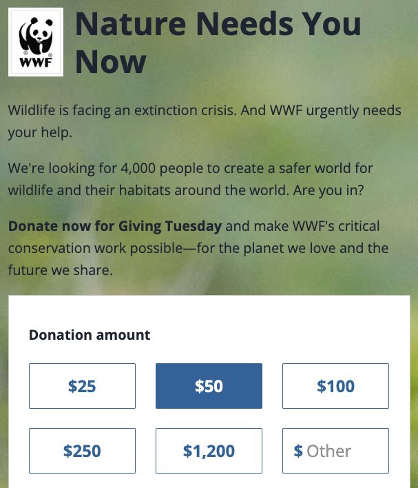 screenshot of the donation form of the World Wildlife Foundation's website