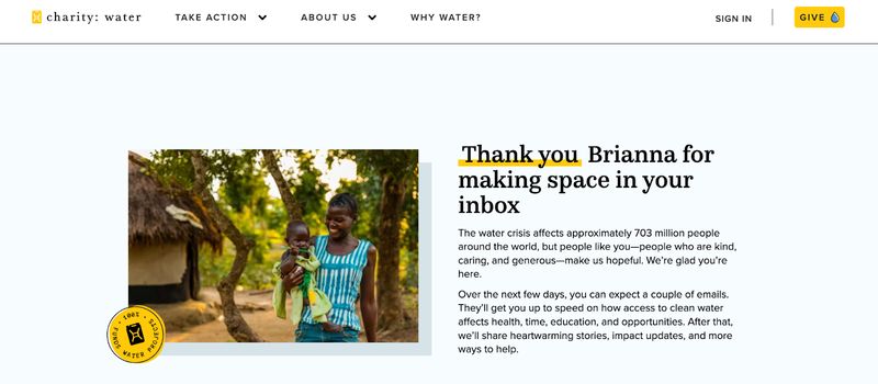 screenshot of thank-you page for subscribers to nonprofit organization Charity: Water's email list