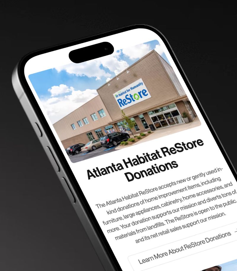 image of a smartphone featuring Atlanta Habitat for Humanity's ReStore donations website page