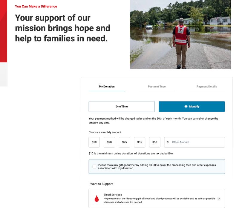 screenshot of the American Red Cross website's donation page