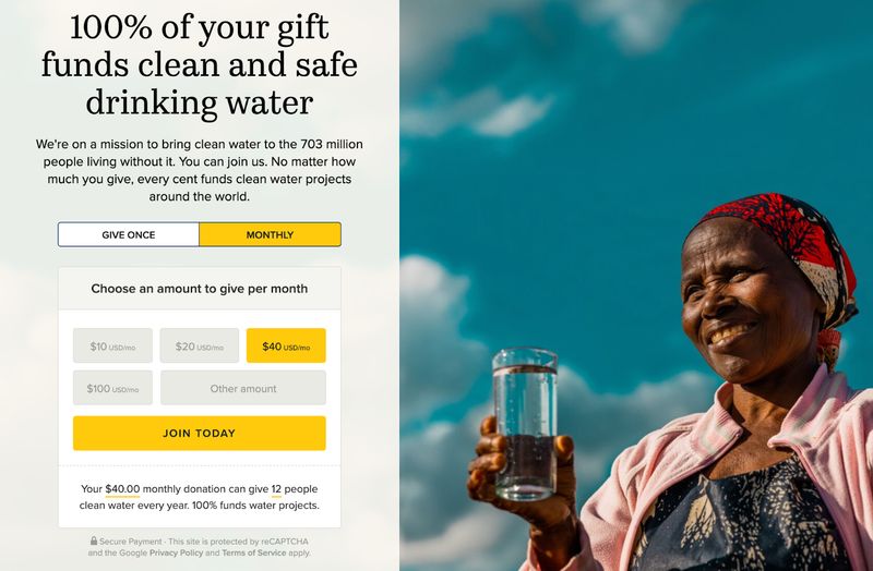 screenshot of Charity: Water's donation form from 2024
