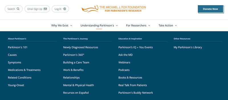 navigation menu of The Michael J. Fox Foundation's nonprofit website