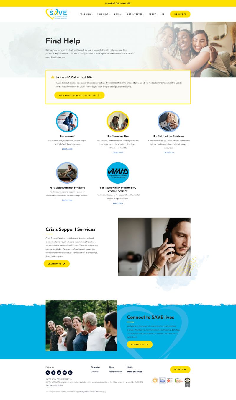 "Find Help" page of nonprofit website SAVE