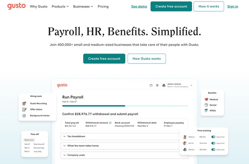 Gusto homepage hero section showing a value proposition headline with supporting text, dual call-to-action buttons, and a product interface screenshot.