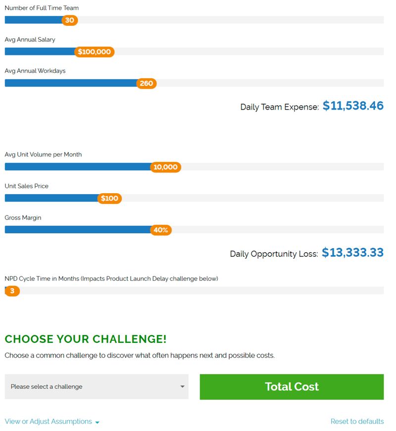 Arena's interactive "cost of mistakes" calculator that shows B2B prospects how much product development mistakes truly cost