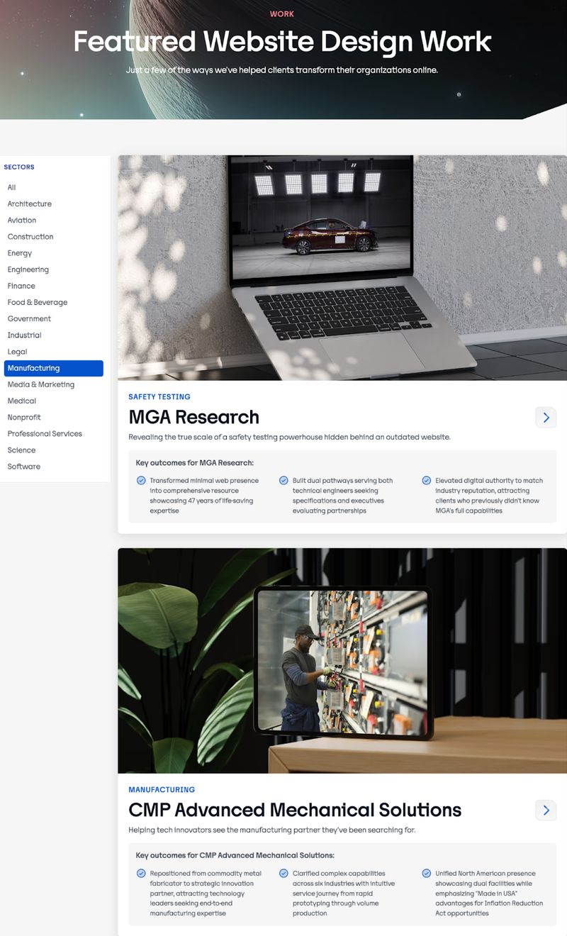 B2B web design company Trajectory's "Featured Website Design Work" web page showing manufacturing clients