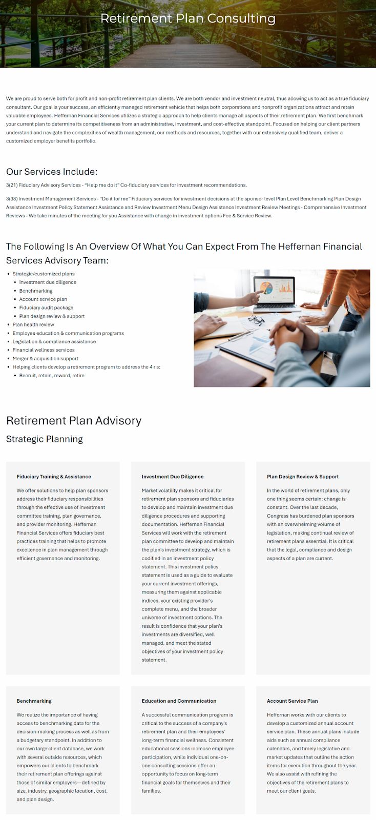 "Retirement Plan Consulting" spoke page on Heffernan Financial’s B2B website, showcasing their retirement planning services in greater depth
