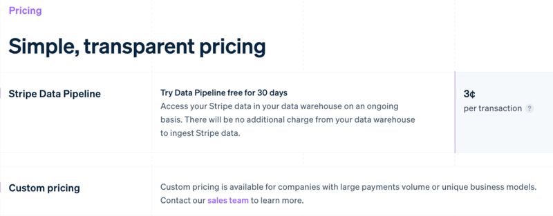pricing section of B2B financial infrastructure platform Stripe's "Data Pipeline" page