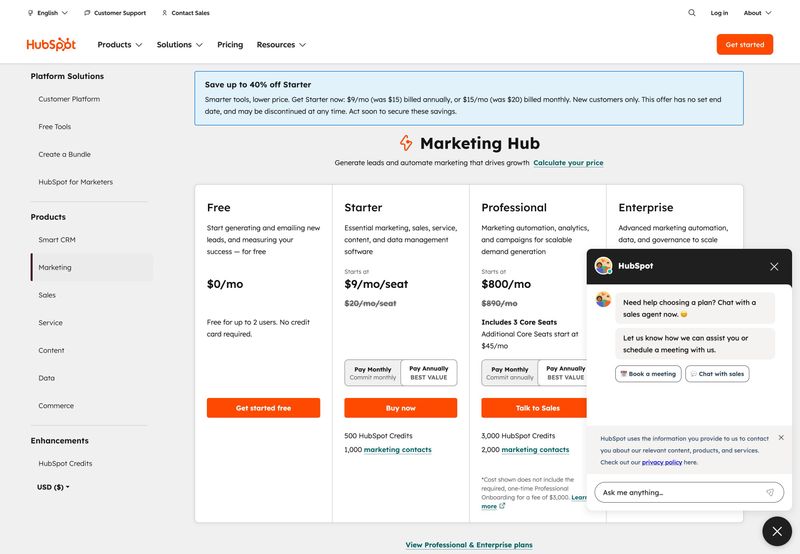 HubSpot pricing page showing Marketing Hub plan tiers with a contextual chat widget offering to help choose a plan and connect with sales