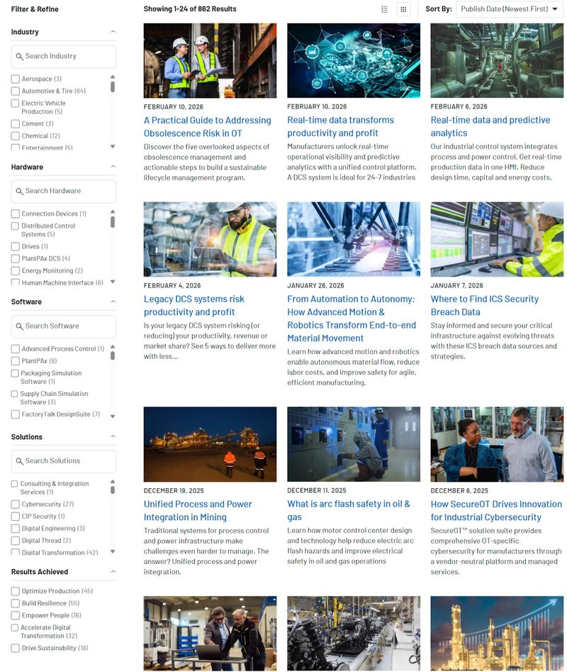 Rockwell Automation's blog library featuring a search function and filtering options by category
