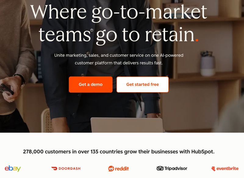 HubSpot's website homepage featuring a hero message and banner and client logos
