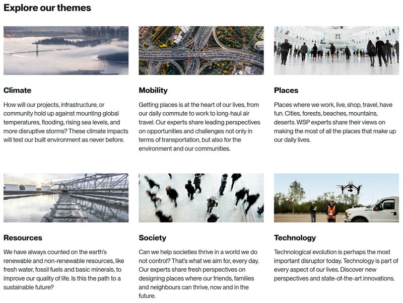 "Explore our themes" section of professional service firm WSP's "Insights" hub page featuring summaries for each theme