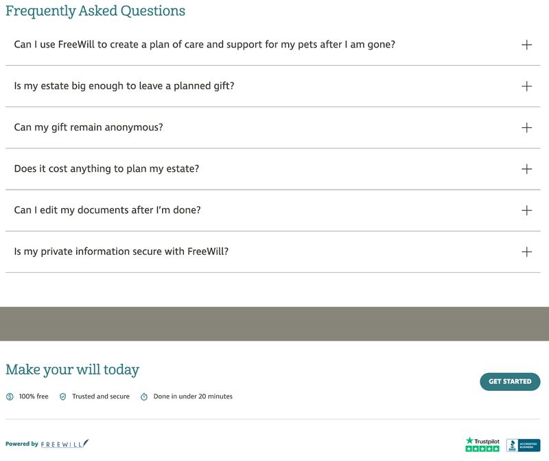 screenshot of the FAQ section and free will creation tool of the Humane Society of Pikes Park Region's charitable giving microsite