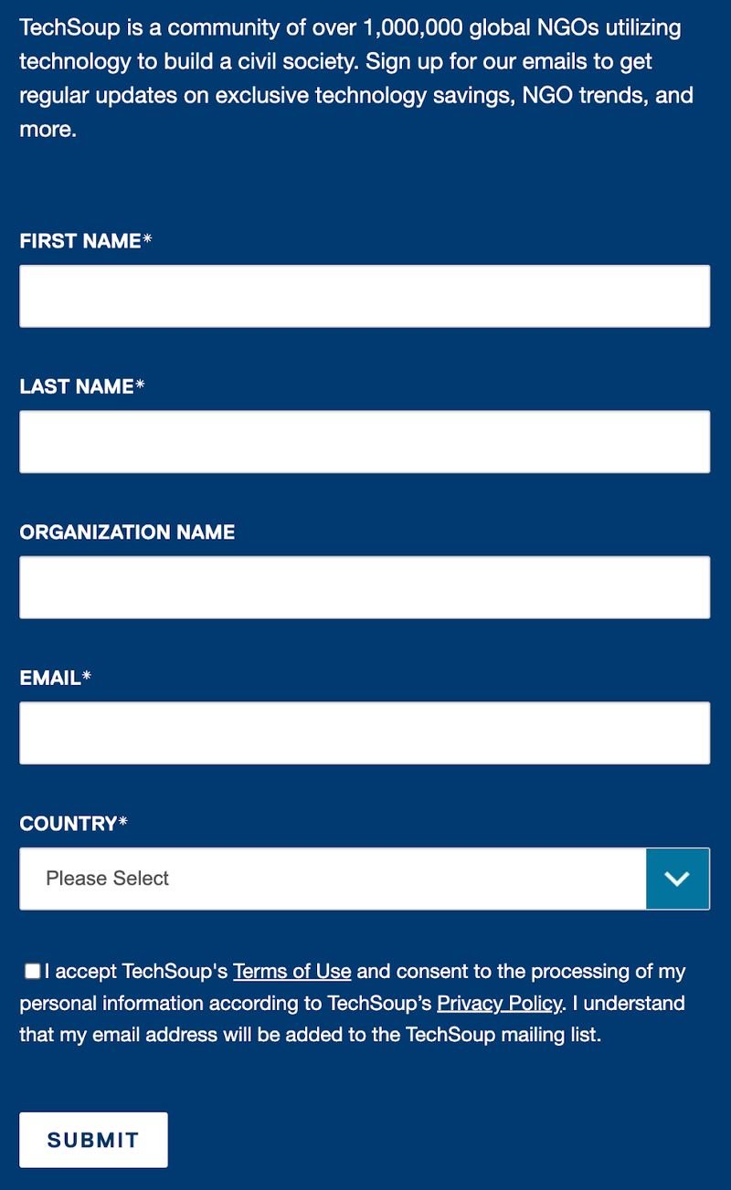 screenshot of TechSoup's nonprofit technology newsletter sign-up form