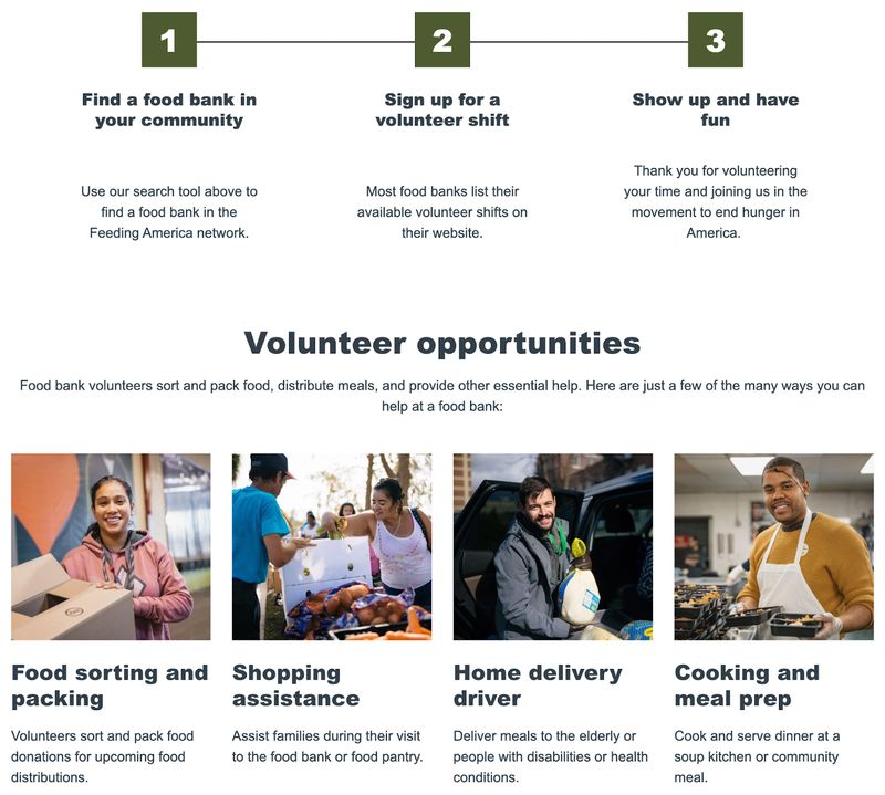 screenshot of volunteer opportunities on nonprofit Feeding America's volunteer website page