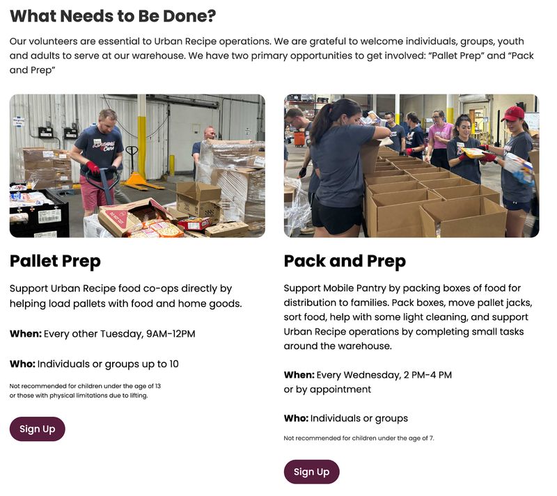 candid photography on the Volunteer page of nonprofit website Urban Recipe