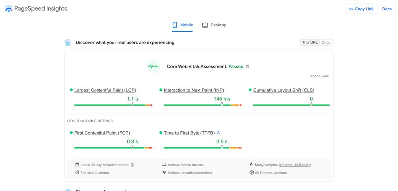 screenshot of the core web vitals assessment for Habitat for Humanity's homepage in Google PageSpeed Insights