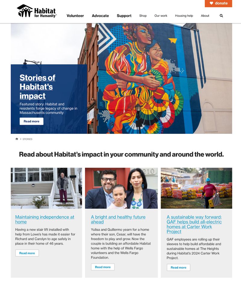 screenshot of nonprofit Habitat for Humanity's "Stories" page