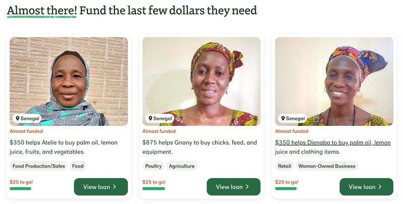 screenshot of nonprofit website Kiva's homepage featuring loan recipients whose needs are being funded