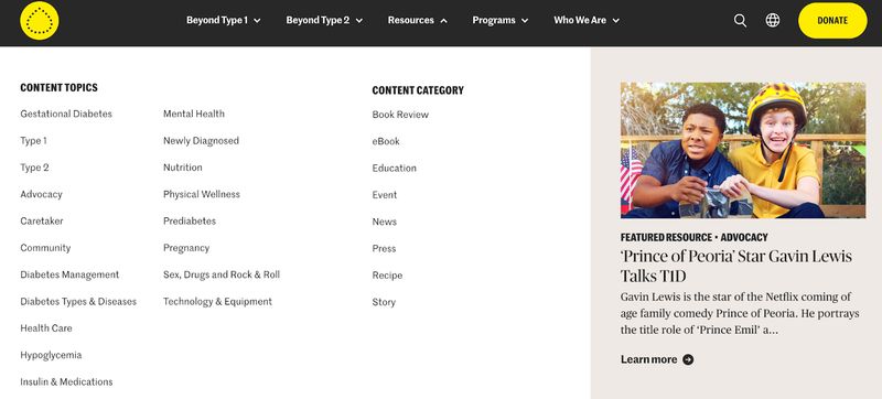 screenshot of the "Resources" tab of nonprofit organization Beyond Type 1's navigation menu