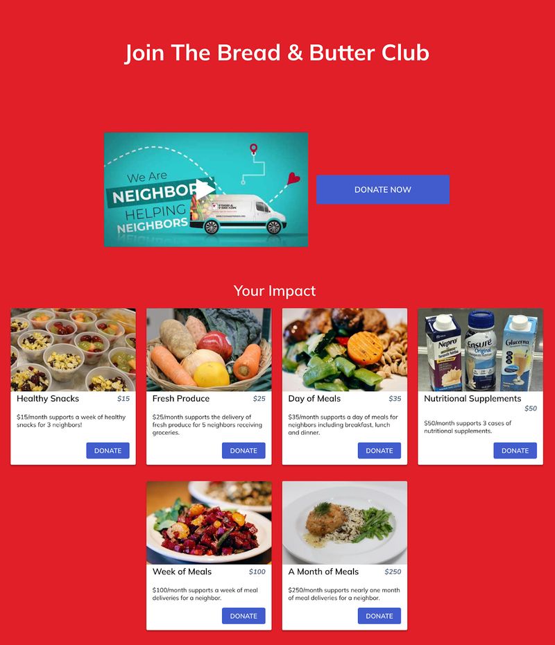 screenshot of impact statements on nonprofit Food & Friends' "Bread & Butter Monthly Giving Club" campaign landing page