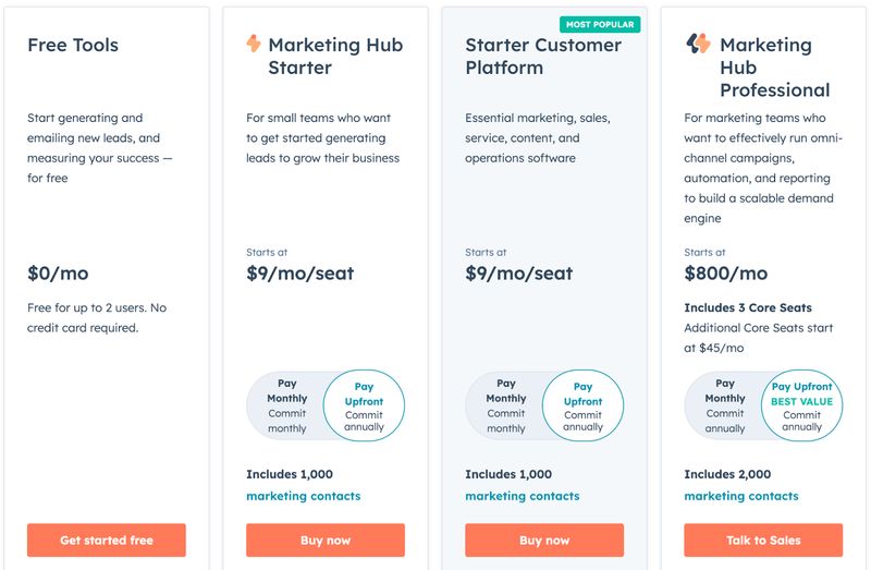screenshot of HubSpot's pricing menu for individuals and small businesses