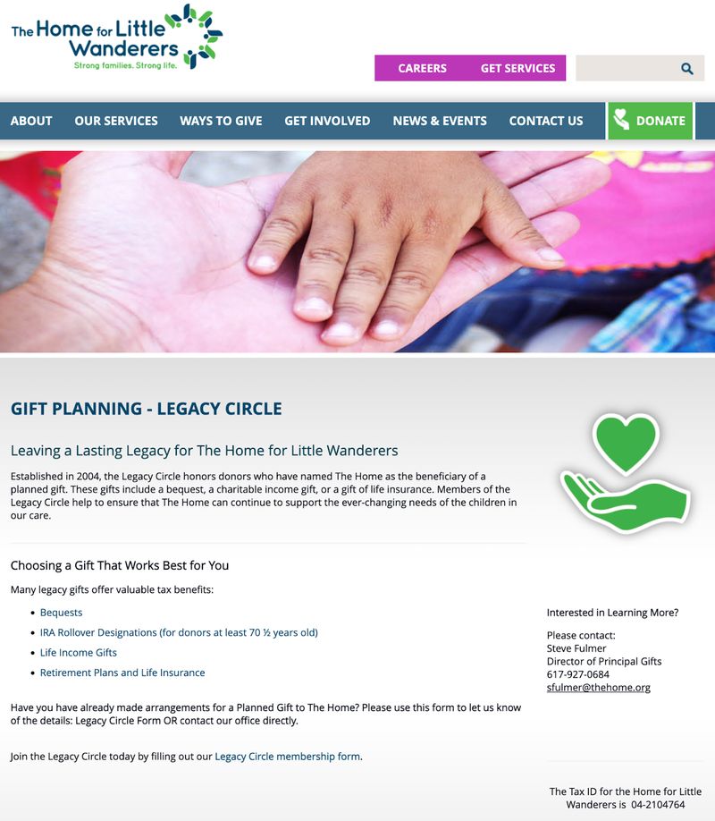 screenshot of nonprofit The Home for Little Wanderers' gift planning web page
