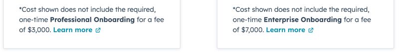 screenshot of HubSpot's onboarding costs for businesses and enterprises