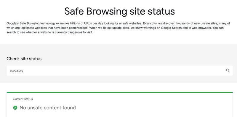 screenshot of Google's Safe Browsing Transparency Report web page for ASPCA.org