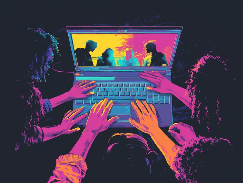 Illustration of many people using a laptop