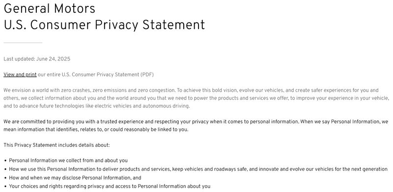 screenshot of General Motors' "U.S. Consumer Privacy Statement" 